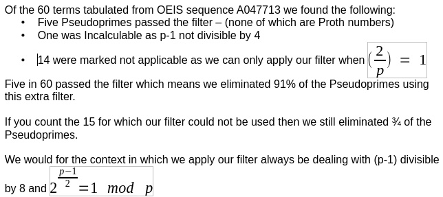 counts and conclusions based on the 60 Pseudoprimes tested